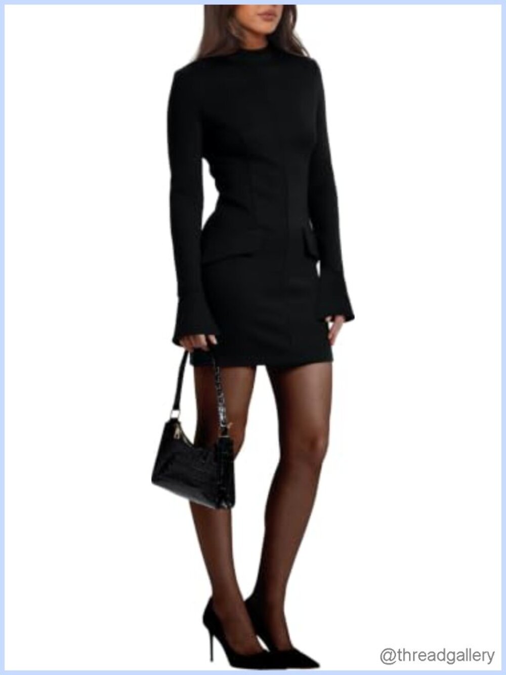 Long Sleeve Mock Neck Bodycon Mini Dress Ruffle Cuffs Pull On